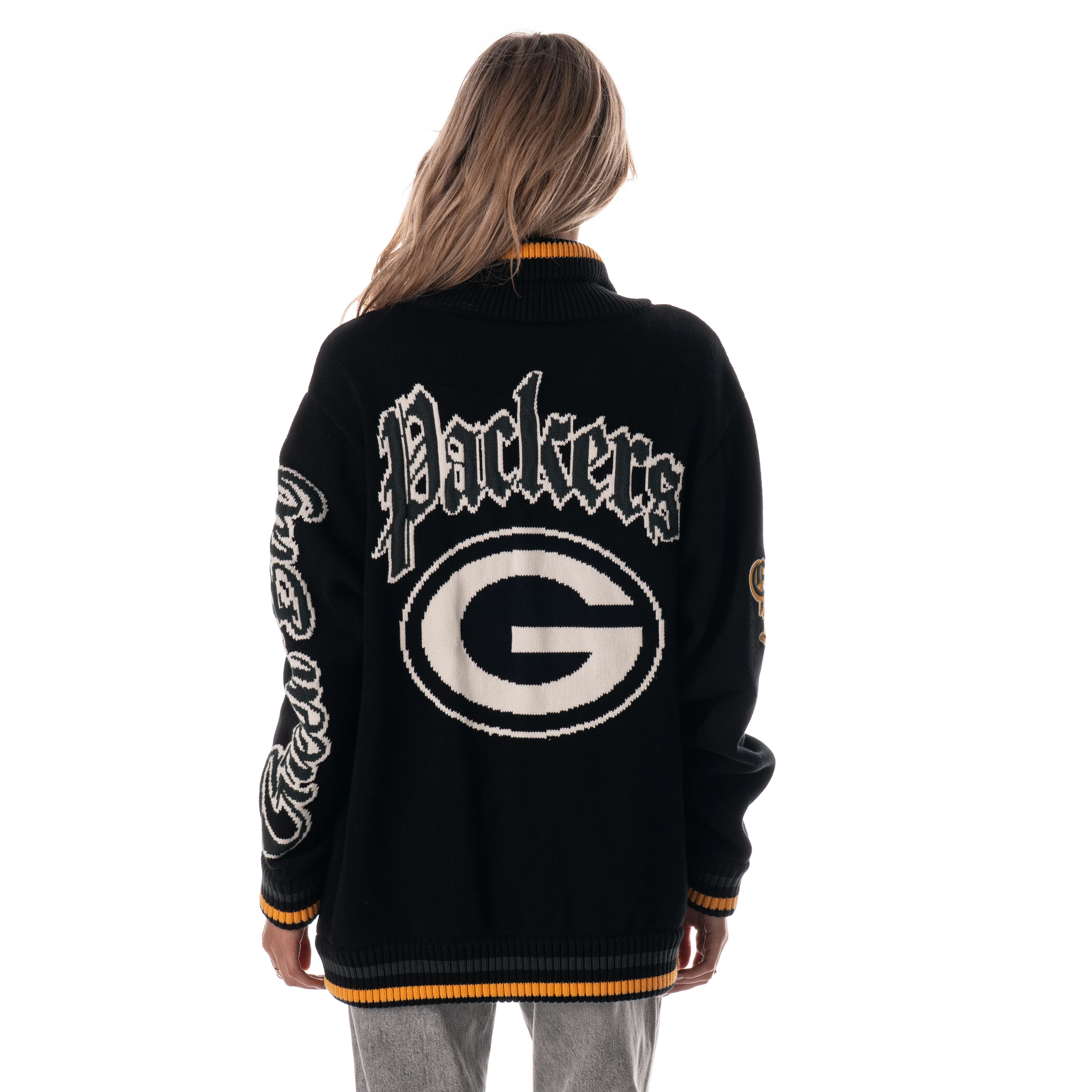 Green Bay Packers Unisex Jacquard Zip Front Sweater - Black - Image 3
